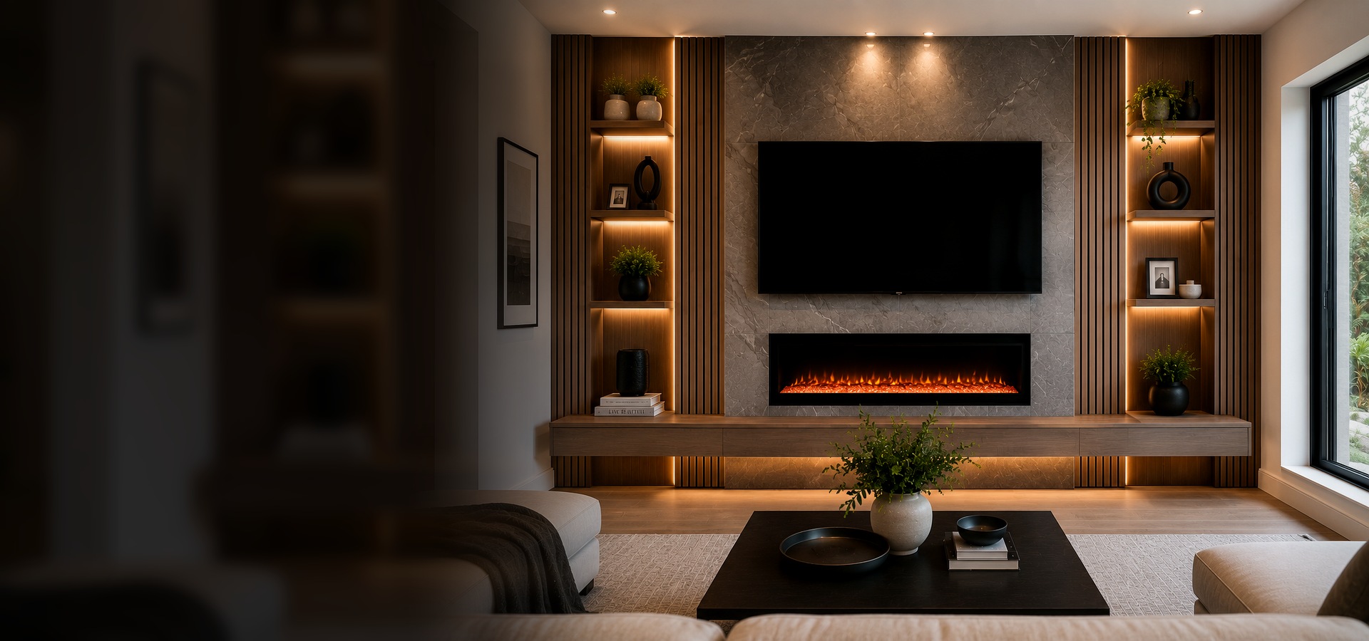 Luxury custom media wall with a stone center panel, electric fireplace, wood slat accents, illuminated shelves, and a wall-mounted television