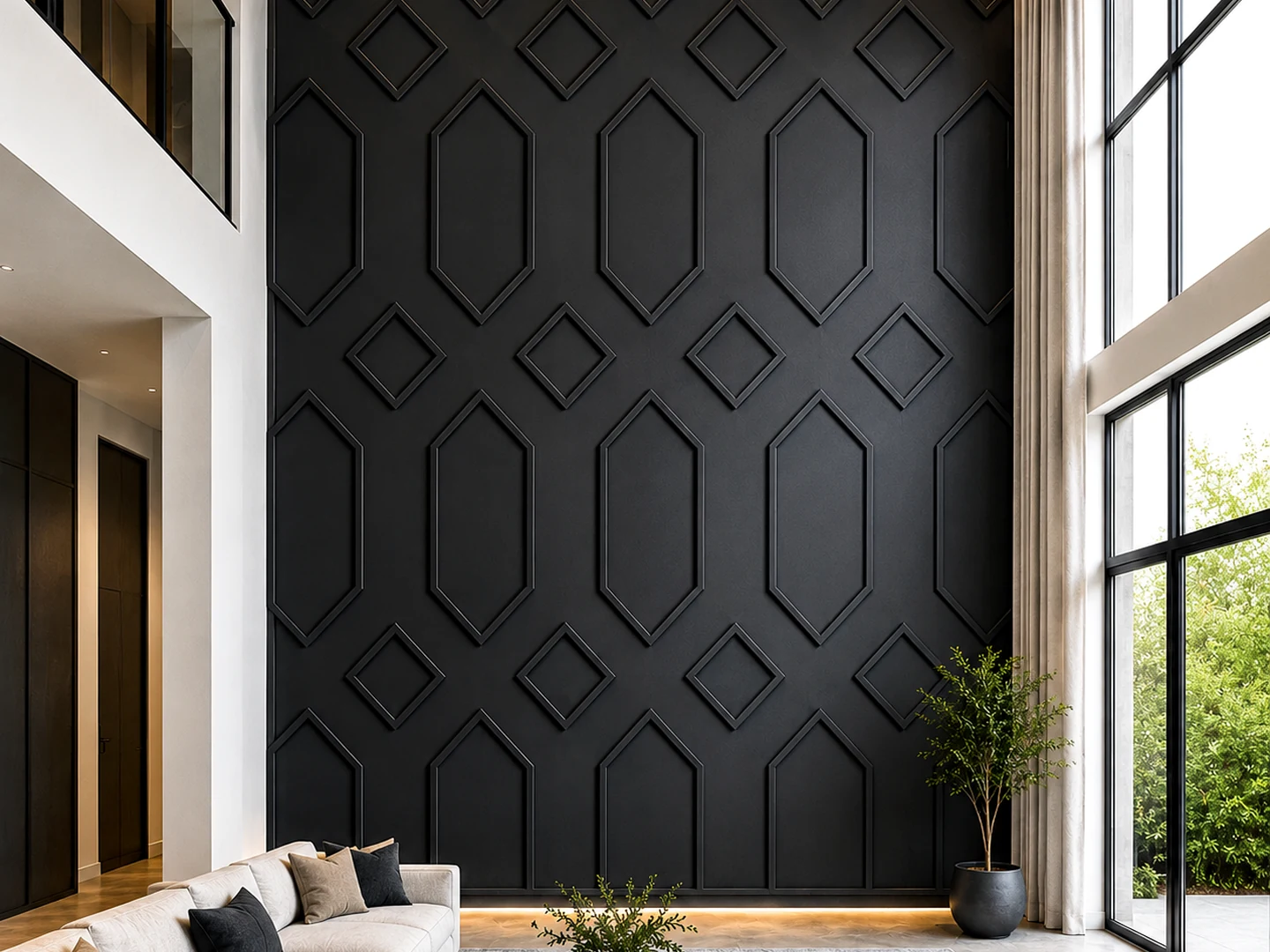 Premium architectural geometric accent wall package example for a tall two-story room with large custom trim patterns