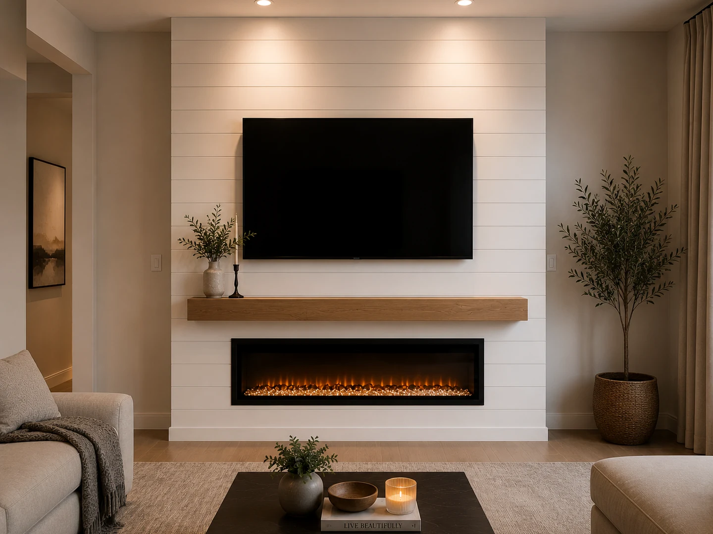 Essential fireplace wall package example with white shiplap, mounted TV, wood mantel, and linear electric fireplace