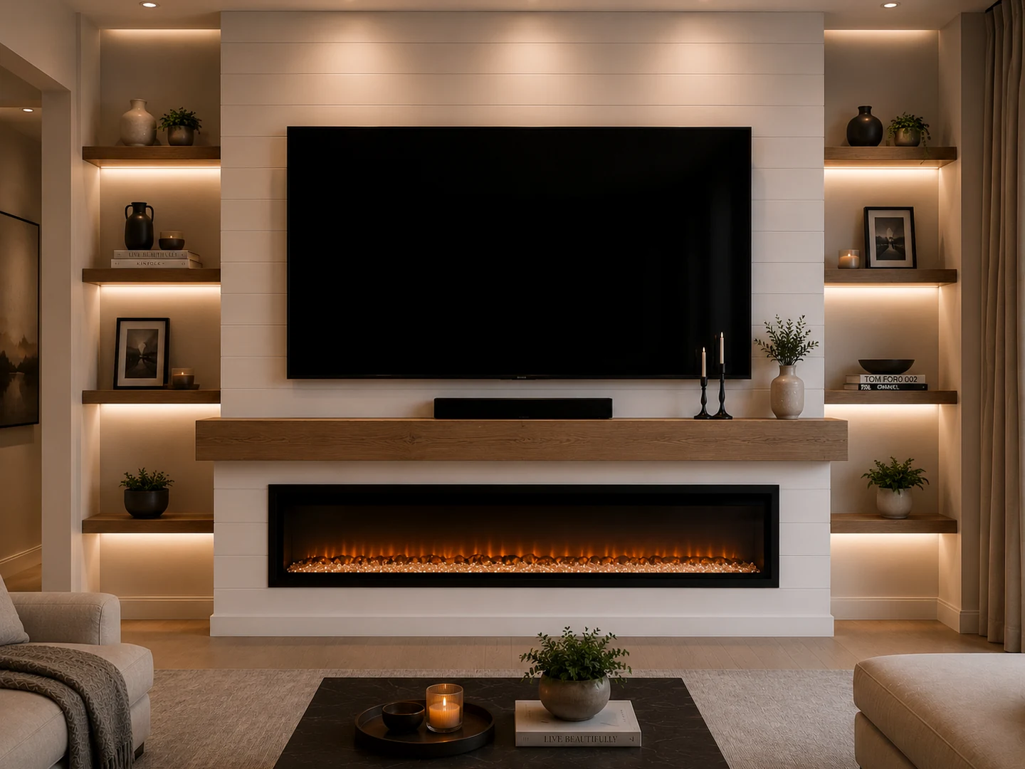 Premium luxury fireplace built-in package example with tall shiplap feature wall, large TV, linear fireplace, wood mantel, and illuminated side shelving