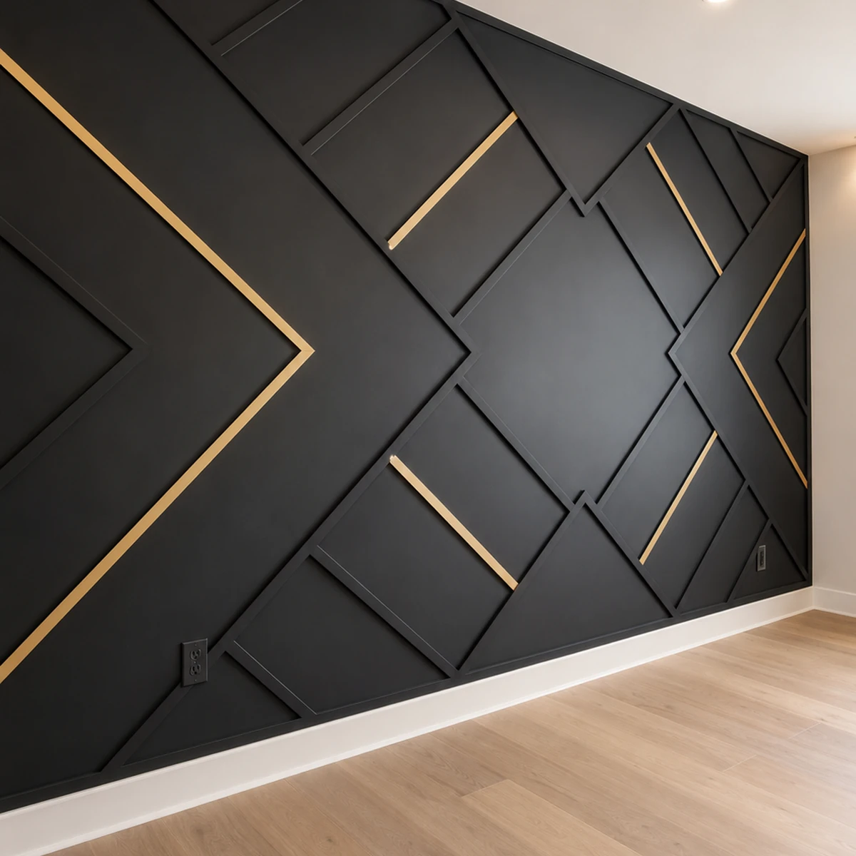 Modern black geometric accent wall with custom trim layout and gold accent details