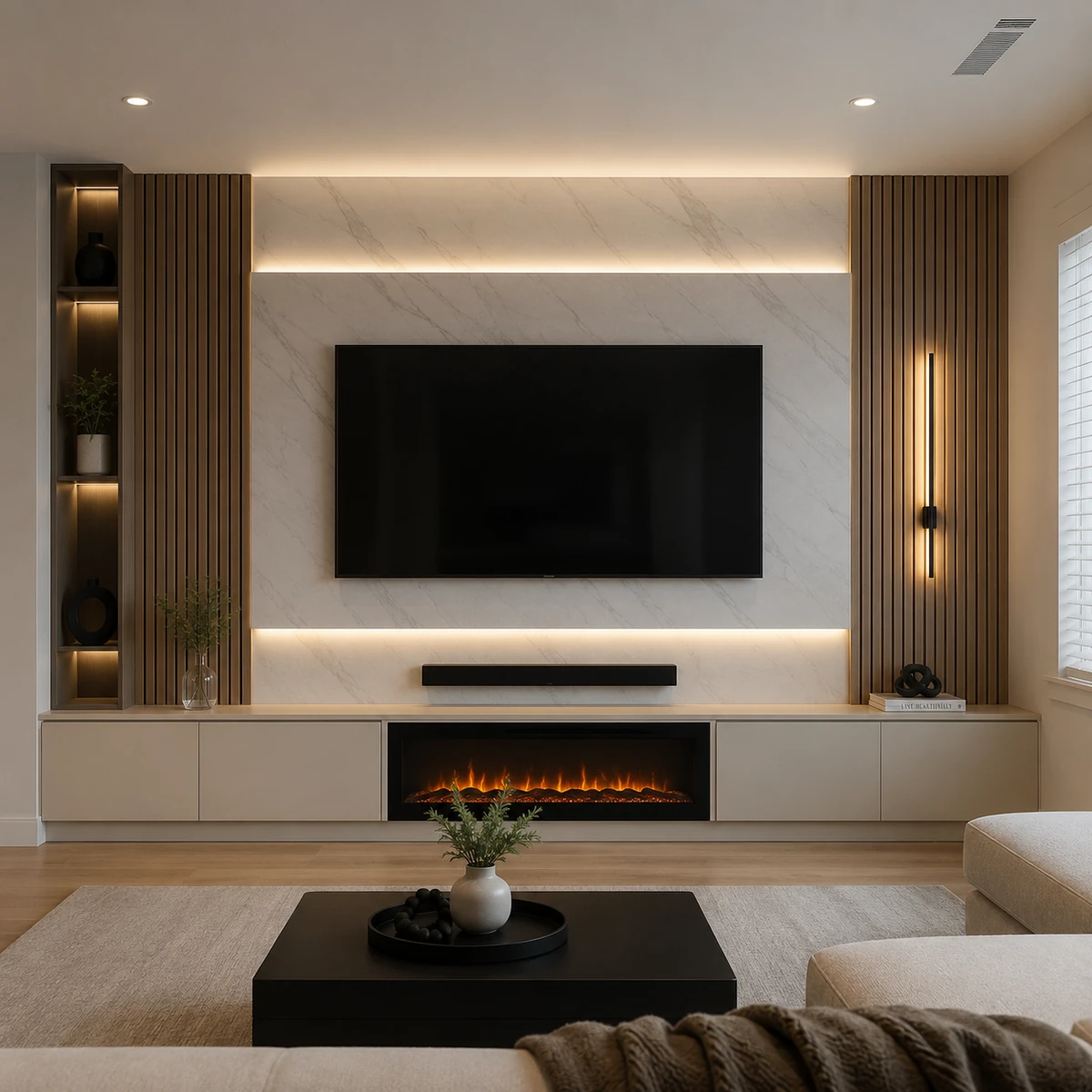 Custom media wall with marble-look panels, wood slats, integrated lighting, fireplace, and built-in storage