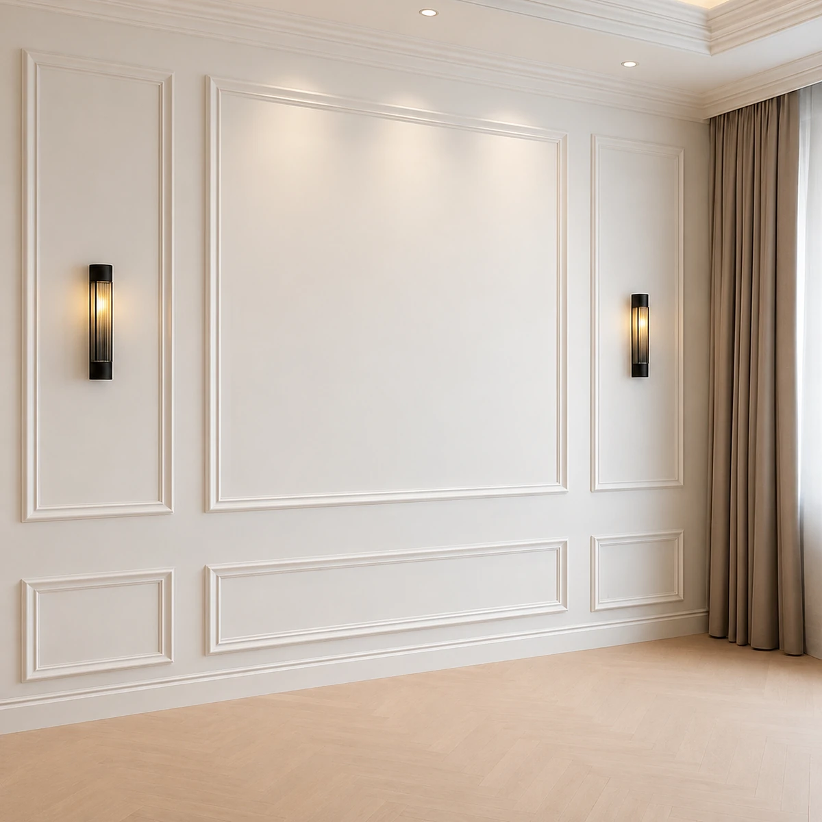 White picture-frame wall molding and wainscoting with balanced panel proportions and decorative sconces